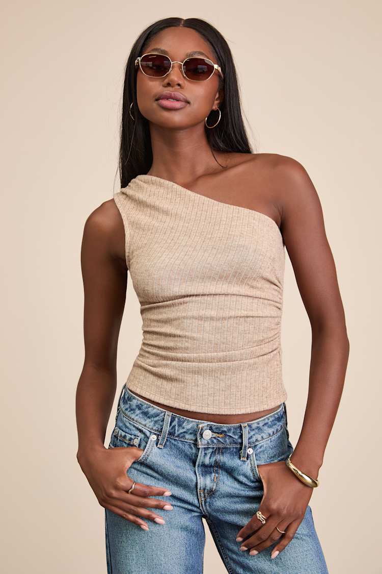 Stellara Heathered Light Brown Ribbed One-Shoulder Top