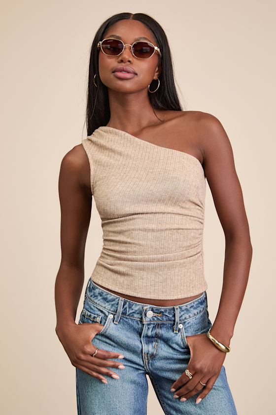 Stellara Heathered Light Brown Ribbed One-Shoulder Top 2