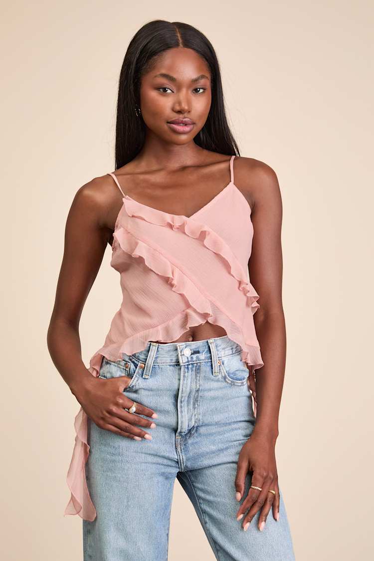 Luscinia Light Pink Textured Ruffled Cami Top