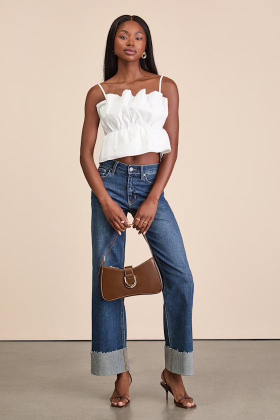 White Poplin Top - Gathered Ruffly Top - Peplum Cami Top - Lulus