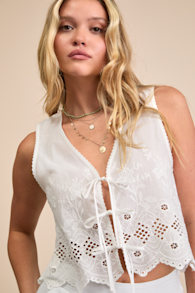 Linnea White Eyelet Embroidered Tie-Front Top 1