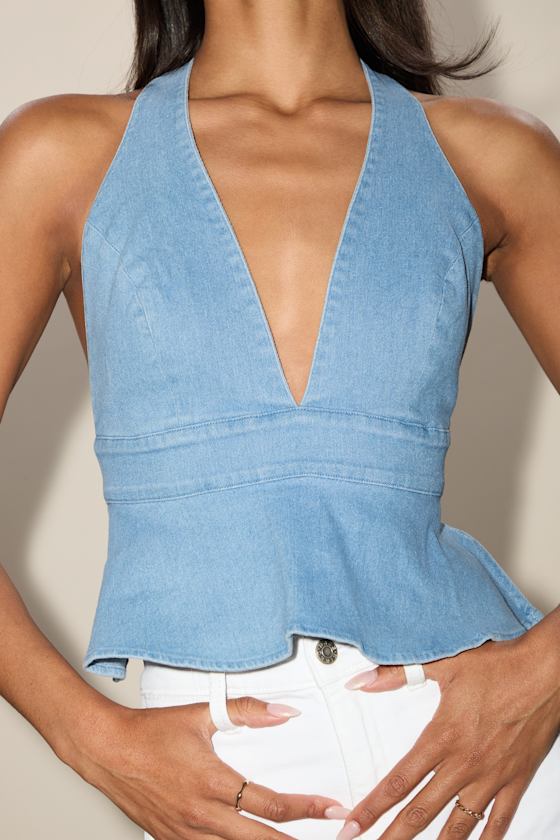 Iolani Light Wash Denim Tie-Back Peplum Halter Top 6