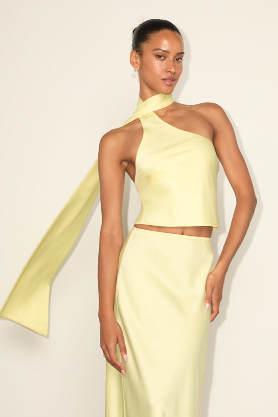 Light Yellow Satin Top - One-Shoulder Sash Top - Yellow Satin Set