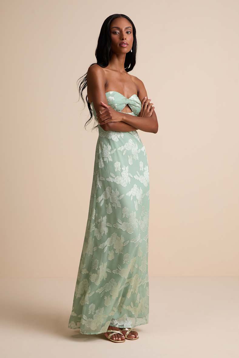 Danae Sage Green Floral Jacquard Strapless Maxi Dress