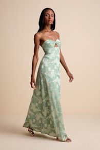 Danae Sage Green Floral Jacquard Strapless Maxi Dress 5