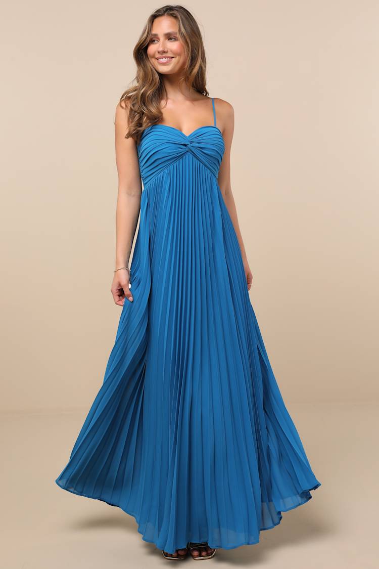 Blue Pleated Maxi Dress - Chiffon Maxi Dress - Knot-Front Dress - Lulus