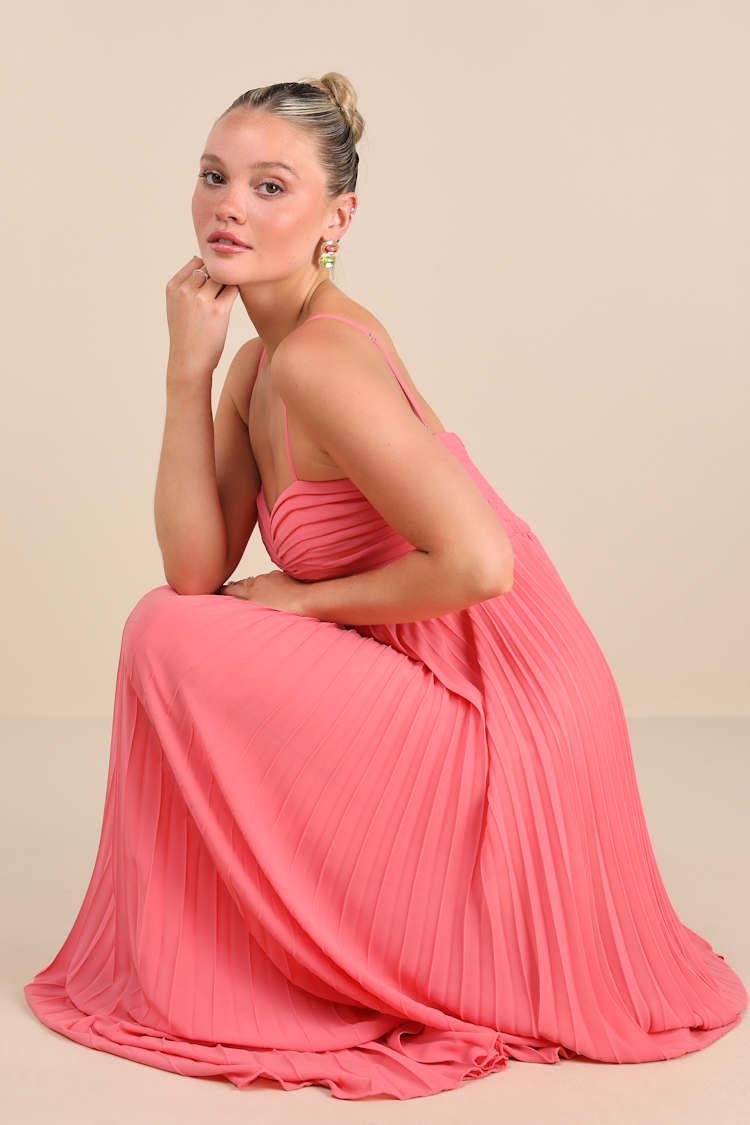 Jolette Coral Pink Pleated Knot-Front Maxi Dress
