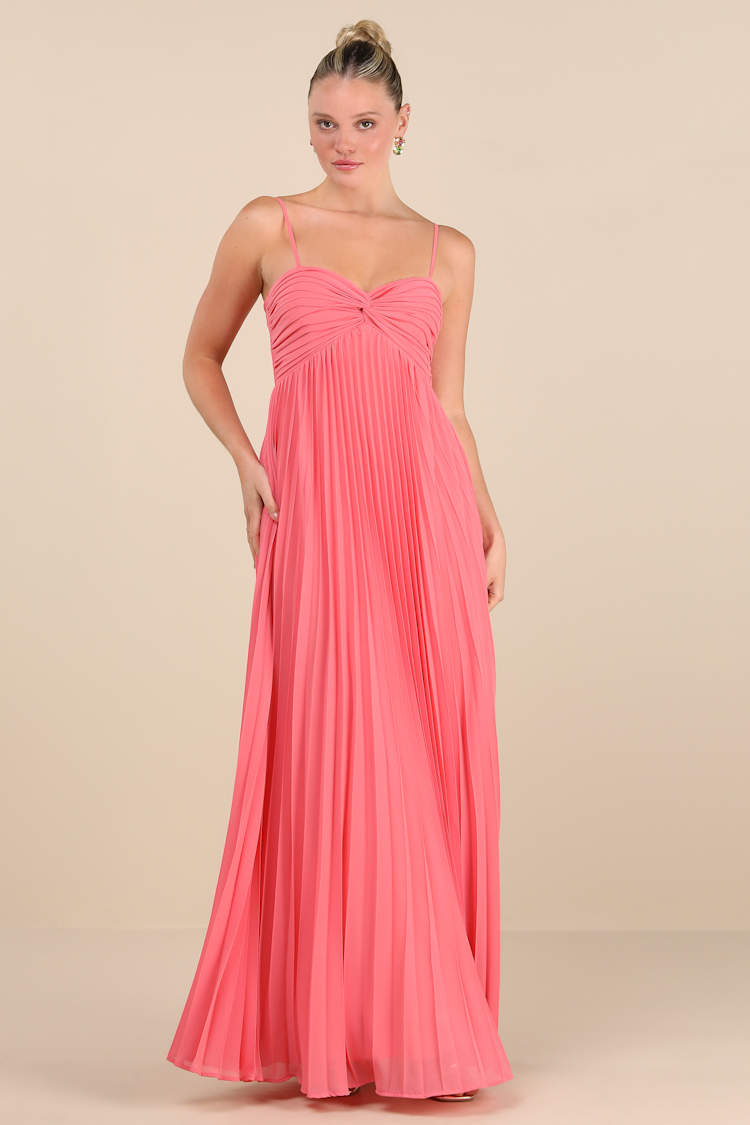 Jolette Coral Pink Pleated Knot-Front Maxi Dress