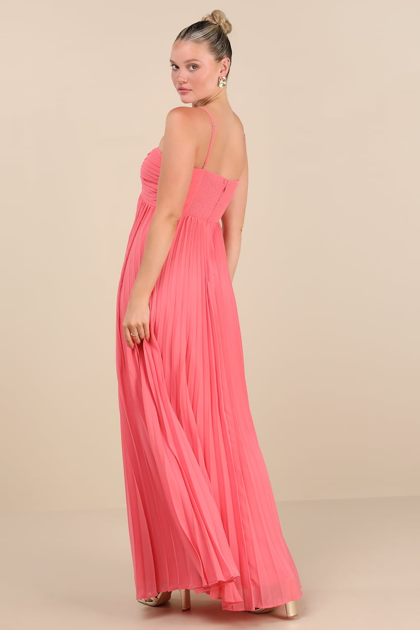 Jolette Coral Pink Pleated Knot-Front Maxi Dress
