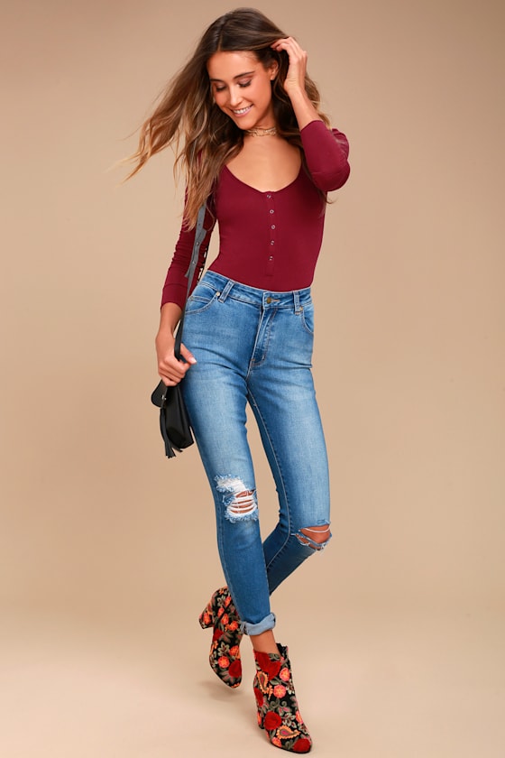 Free People Simply Henley Burgundy Long Sleeve Bodysuit 4