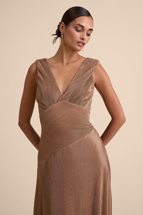 Lulus | Light Brown Satin Plisse V-Neck Maxi Dress | Womens | X-Small (Available in S) | 100% Polyester