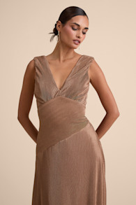 Renee Light Brown Satin Plisse V-Neck Maxi Dress 1