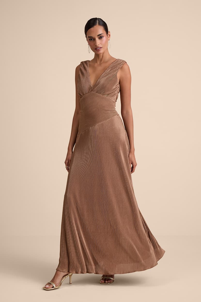 Renee Light Brown Satin Plisse V-Neck Maxi Dress