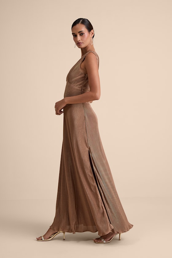 Renee Light Brown Satin Plisse V-Neck Maxi Dress 3