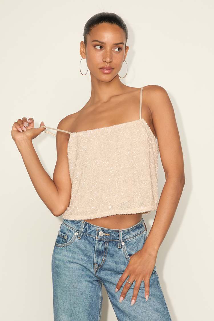 Evaline Champagne Sequin Boxy Crop Cami Top
