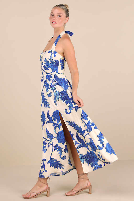 Blue & Cream Floral Dress - Halter Neck Maxi Dress - Floral Dress - Image 2