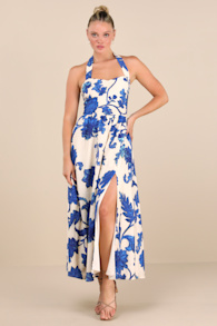 Layton Blue and Cream Floral Halter Maxi Dress 5
