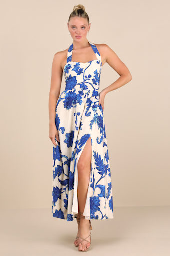 Layton Blue and Cream Floral Halter Maxi Dress 5