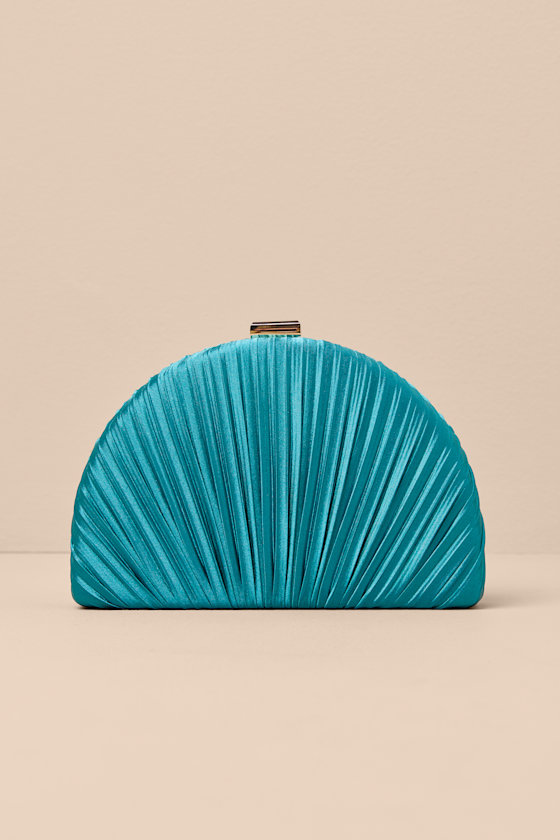 Pleat Perfection Teal Satin Pleated Hard Clutch 3