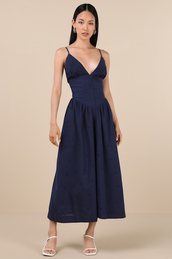 Navy Eyelet Embroidered Dress - Button-Front Dress - Midi Dress