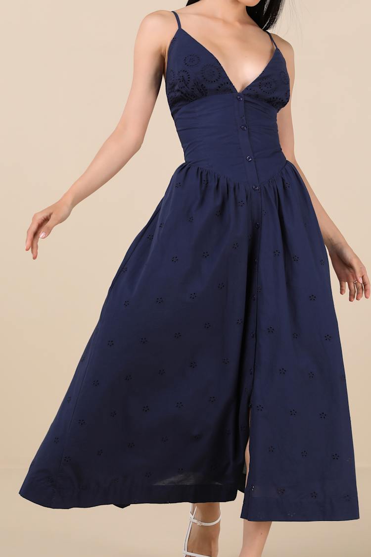 knee length dresses for ladies Navy Eyelet Hem Midi Dress L main image 0