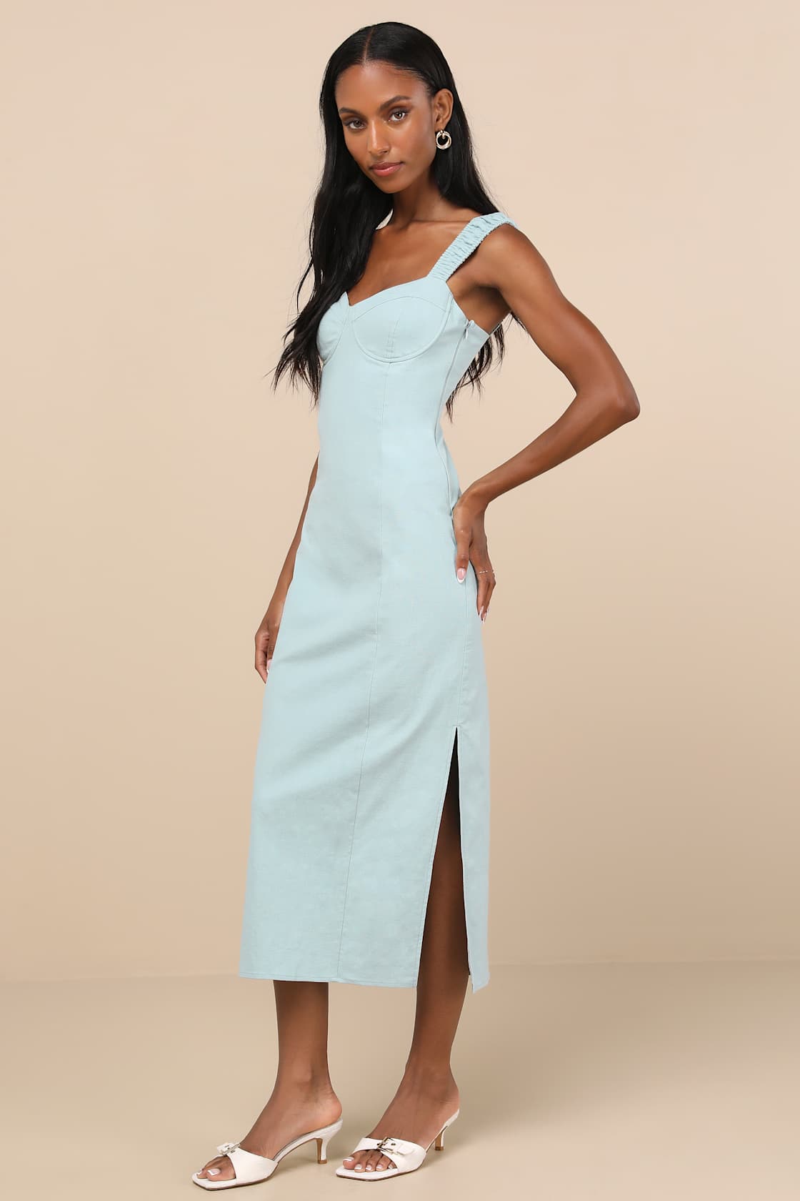 Amyra Light Blue Cap Sleeve Bustier Midi Dress
