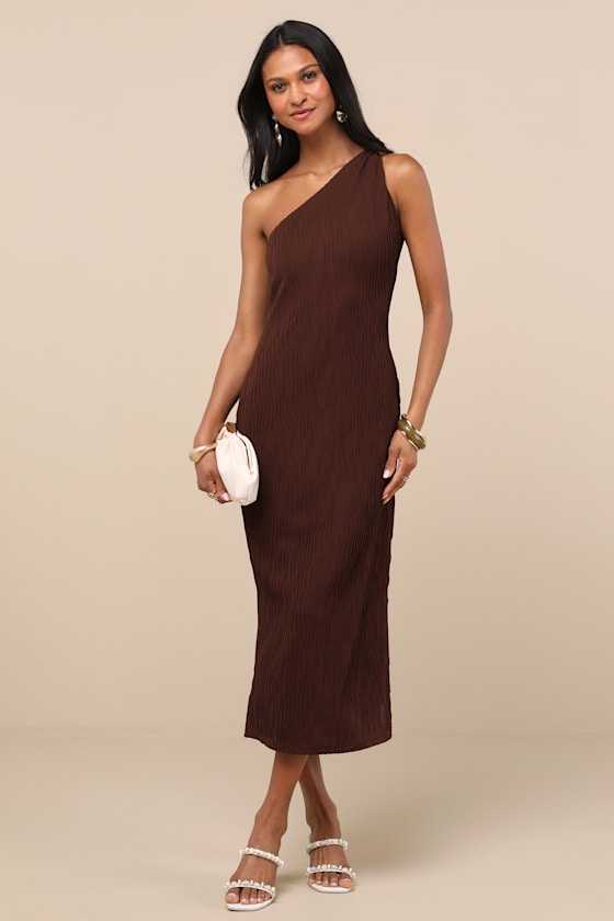Image of Aristea Brown Textured One-Shoulder Midi Dress
