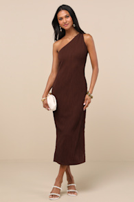 Aristea Brown Textured One-Shoulder Midi Dress 3
