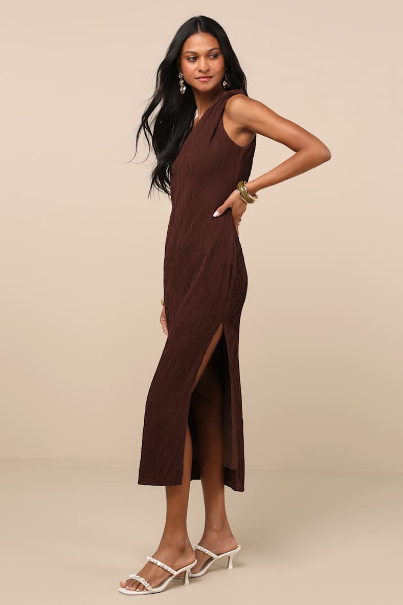 Aristea Brown Textured One-Shoulder Midi Dress