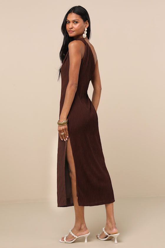 Aristea Brown Textured One-Shoulder Midi Dress - thumbnail 5