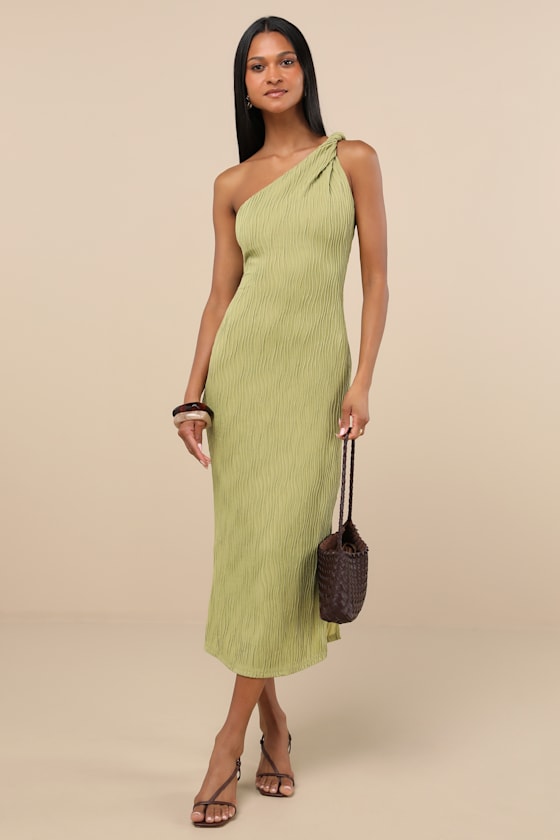 Light Green Dress - One-Shoulder Midi Dress - Textured Dress - Lulus