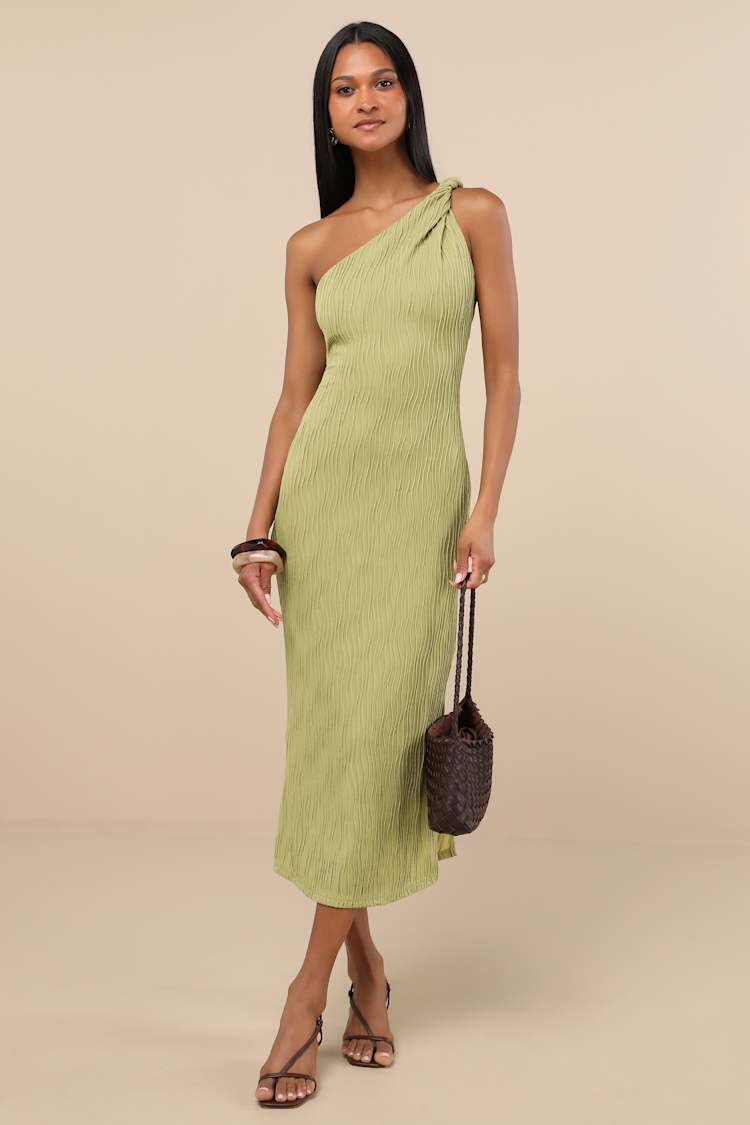 Aristea Light Green Textured One-Shoulder Midi Dress