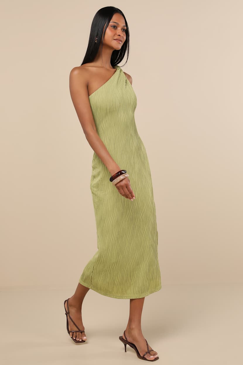 Lulus | Green Textured One-Shoulder Midi Dress | Womens | XX-Small (Available in S, XL) | Polyester/Spandex
