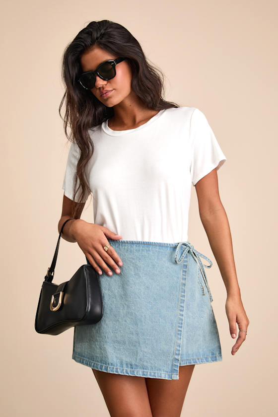 Eileen Light Wash Denim Faux-Wrap Mini Skirt