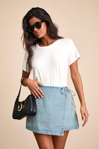 Eileen Light Wash Denim Faux-Wrap Mini Skirt 1
