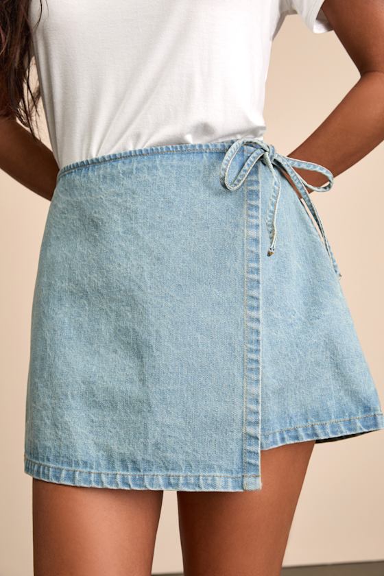 Eileen Light Wash Denim Faux-Wrap Mini Skirt 3