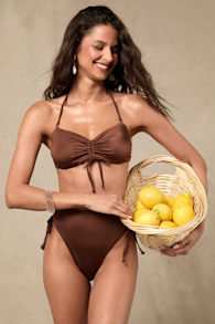 Keola Shiny Brown Drawstring Bandeau Bikini Top 1