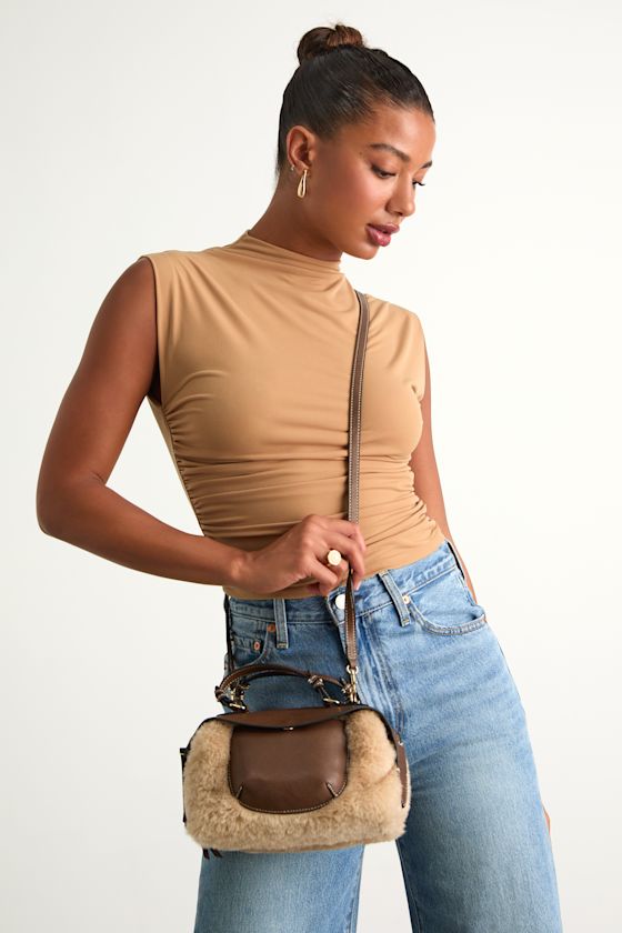 Dolce Vita Luna Bag - Brown Faux Fur Handbag - Mixed-Media Bag - Lulus