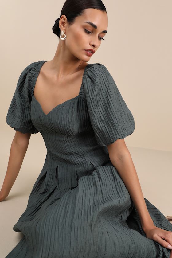 Slate Textured Dress - Puff Sleeve Midi Dress - Pleated Dress - Lulus