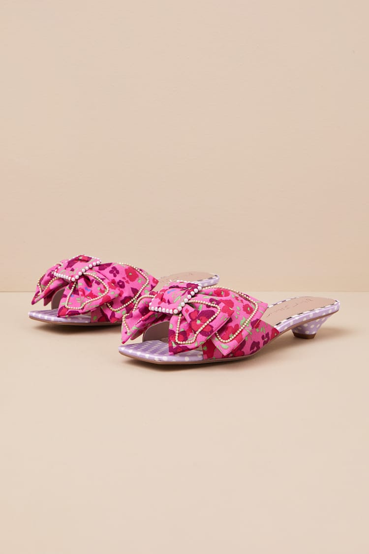 Aylah Pink Floral Bow Slide Kitten Heel Sandals