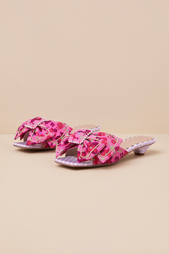 Aylah Pink Floral Bow Slide Kitten Heel Sandals 1