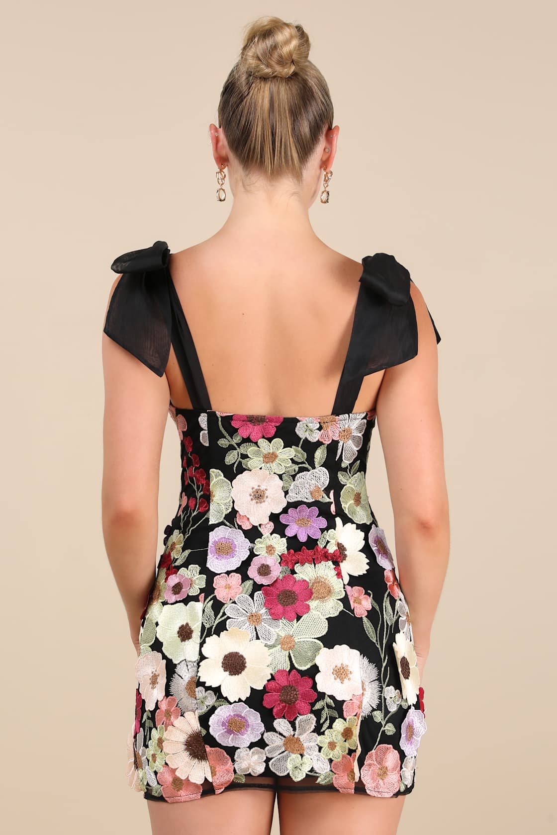 Emphatically Adorable Black Floral Tie-Strap Mini Dress