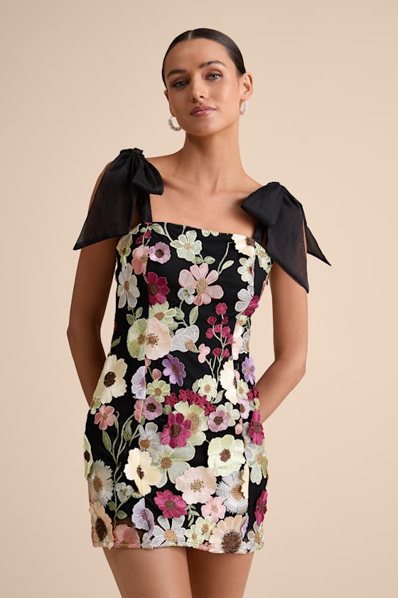 Image of Emphatically Adorable Black Floral Tie-Strap Mini Dress