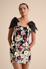 Emphatically Adorable Black Floral Tie-Strap Mini Dress 1