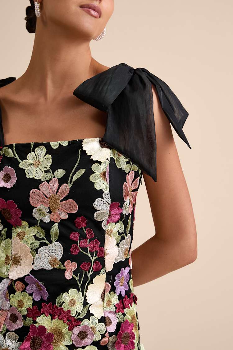 Emphatically Adorable Black Floral Tie-Strap Mini Dress