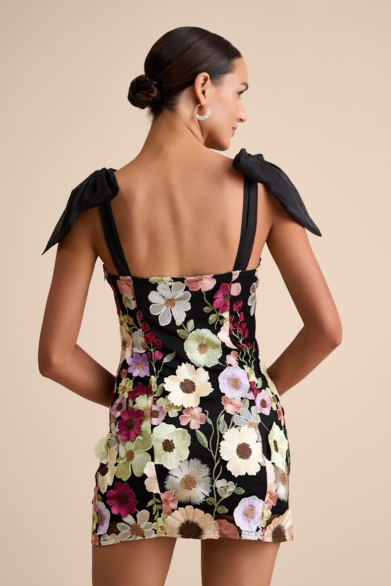 Emphatically Adorable Black Floral Tie-Strap Mini Dress