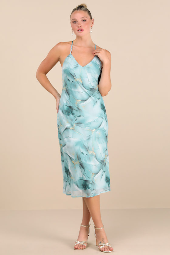 Bright Charm Light Blue Abstract Print Chiffon Slip Midi Dress 3