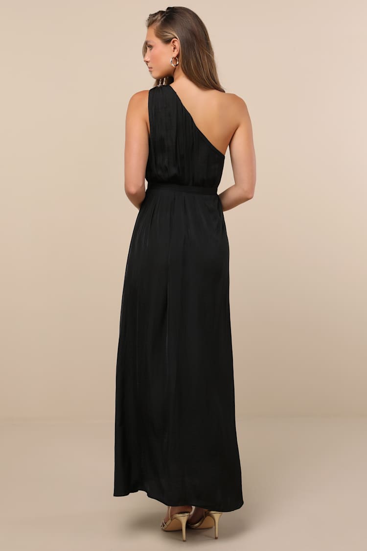 Goddess Aura Black Satin One-Shoulder Maxi Dress