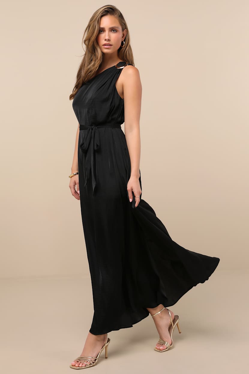 Goddess Aura Black Satin One-Shoulder Maxi Dress