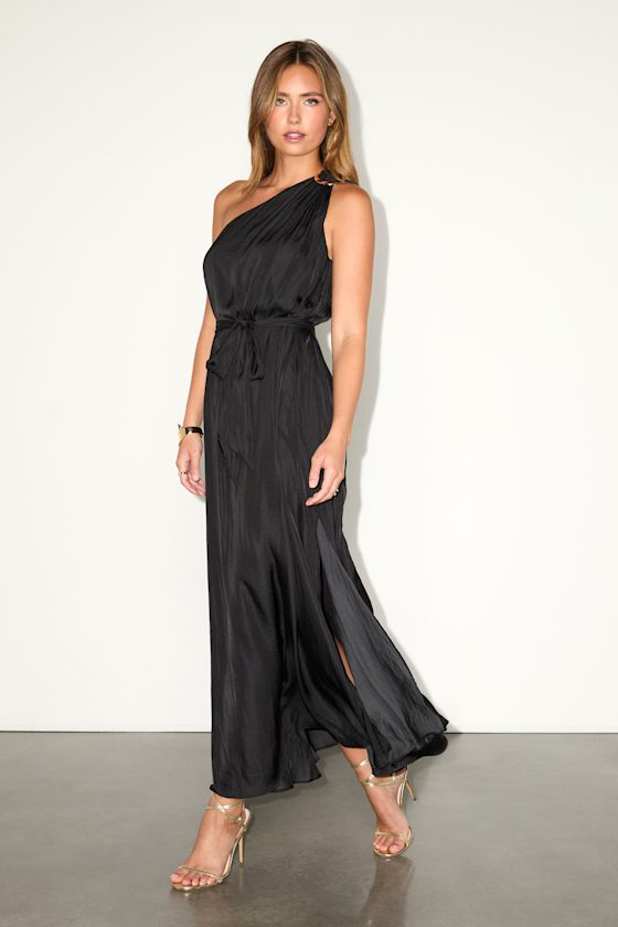 Goddess Aura Black Satin One-Shoulder Maxi Dress 5
